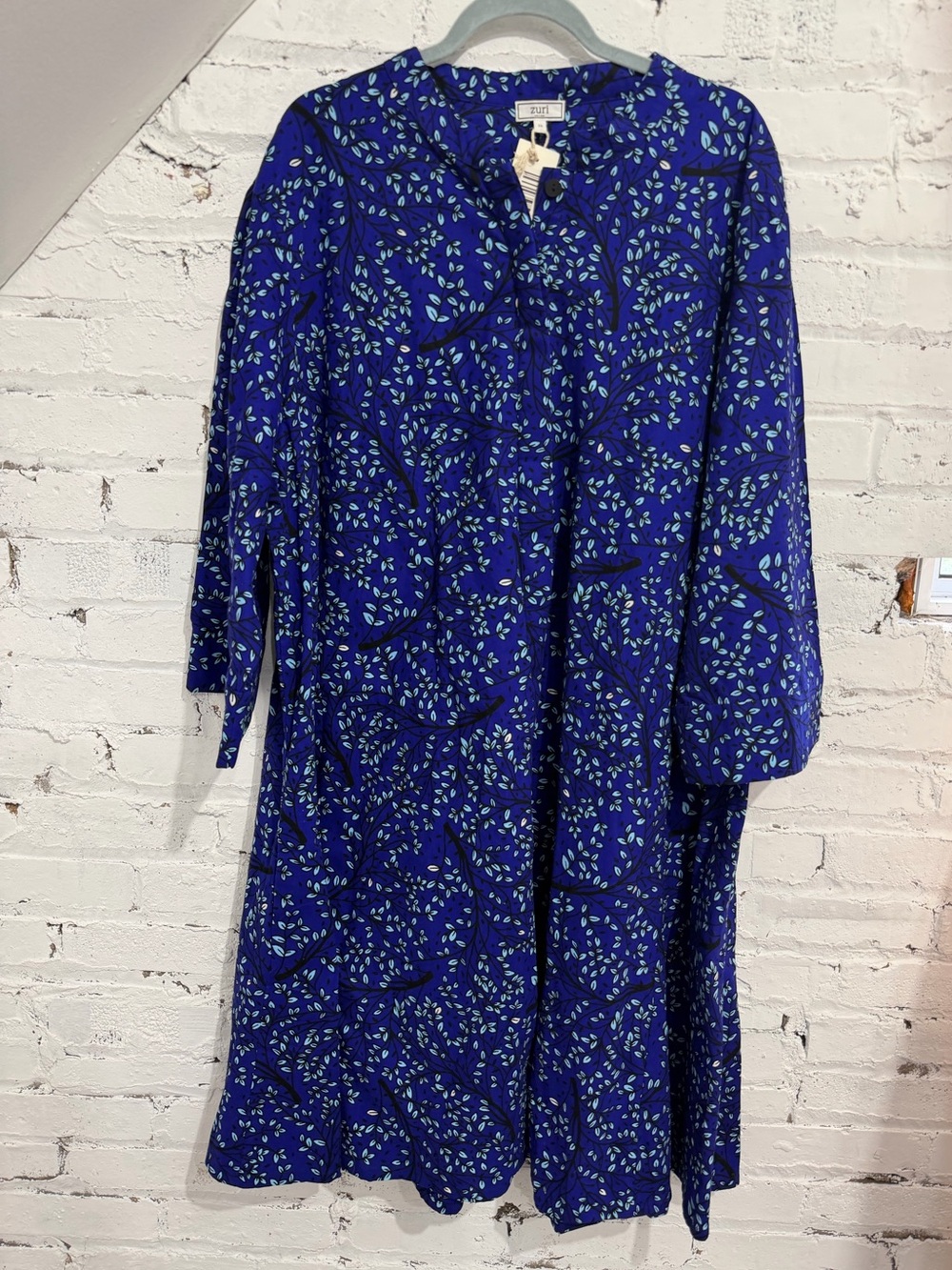 NWT Zuri Ultramarine Leaf Print Shirt Dress Handmade Kenya 100% Cotton Size 3X - Picture 2 of 8